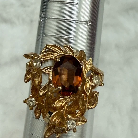 Vintage Floral Smoky Topaz Rhinestone Ring Gold Tone 18K HGE - Picture 9 of 15